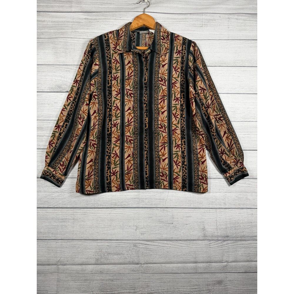 Vintage Anna Women’s Large Safari Animal Tropical Print Button Up Blouse 4218